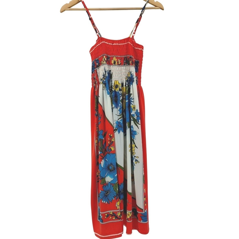 India Boutique Smocked Boho Floral Maxi Dress Adjustable Straps Tropical Beach